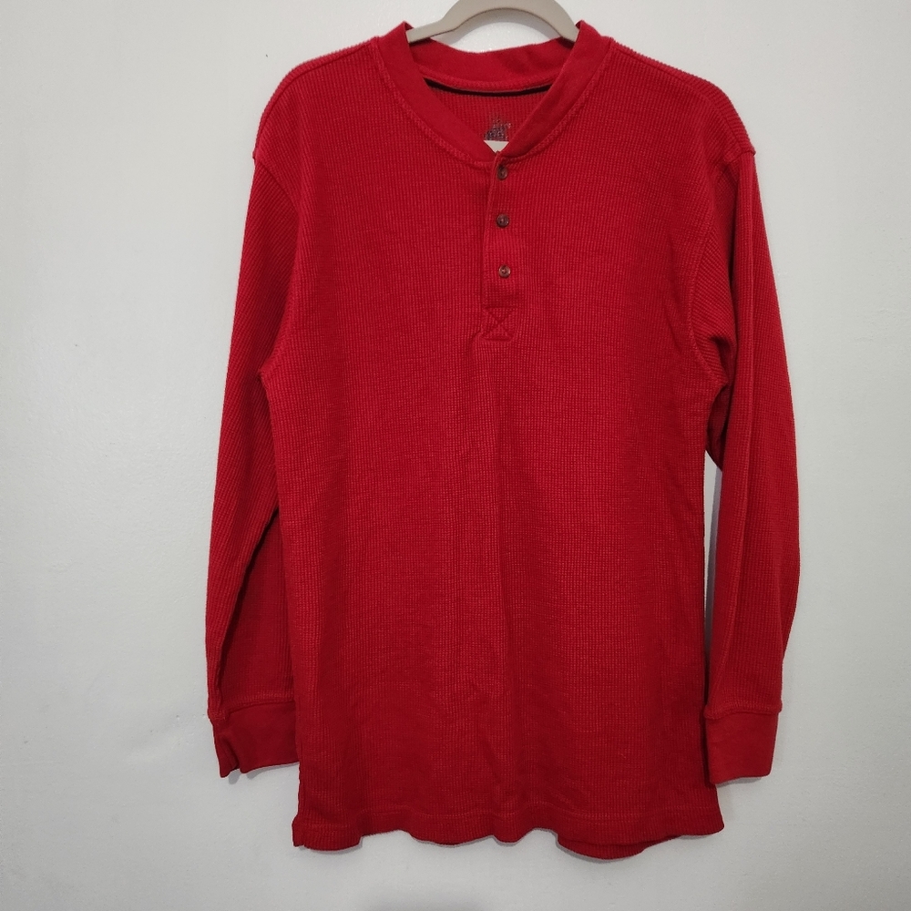 Beverly Hills Polo Club Henley Shirt Large L Men's Red Waffle Knit Thermal Long